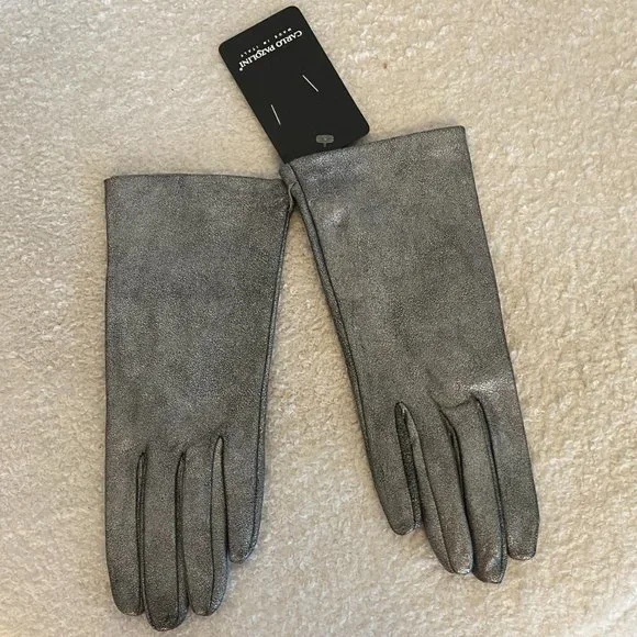 NWT CARLO PAZOLINI leather silver gloves with silk lining - Picture 2 of 10